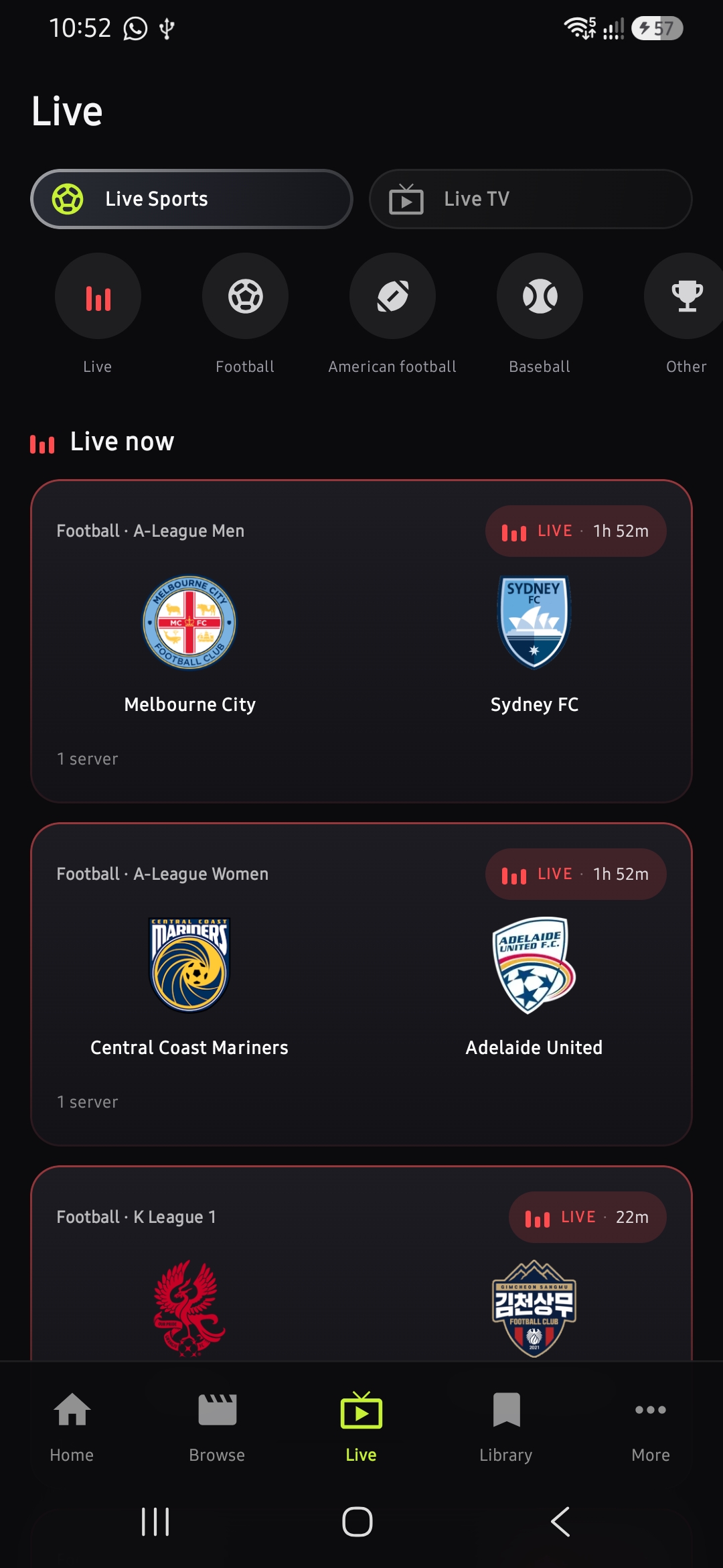 Live sports screen