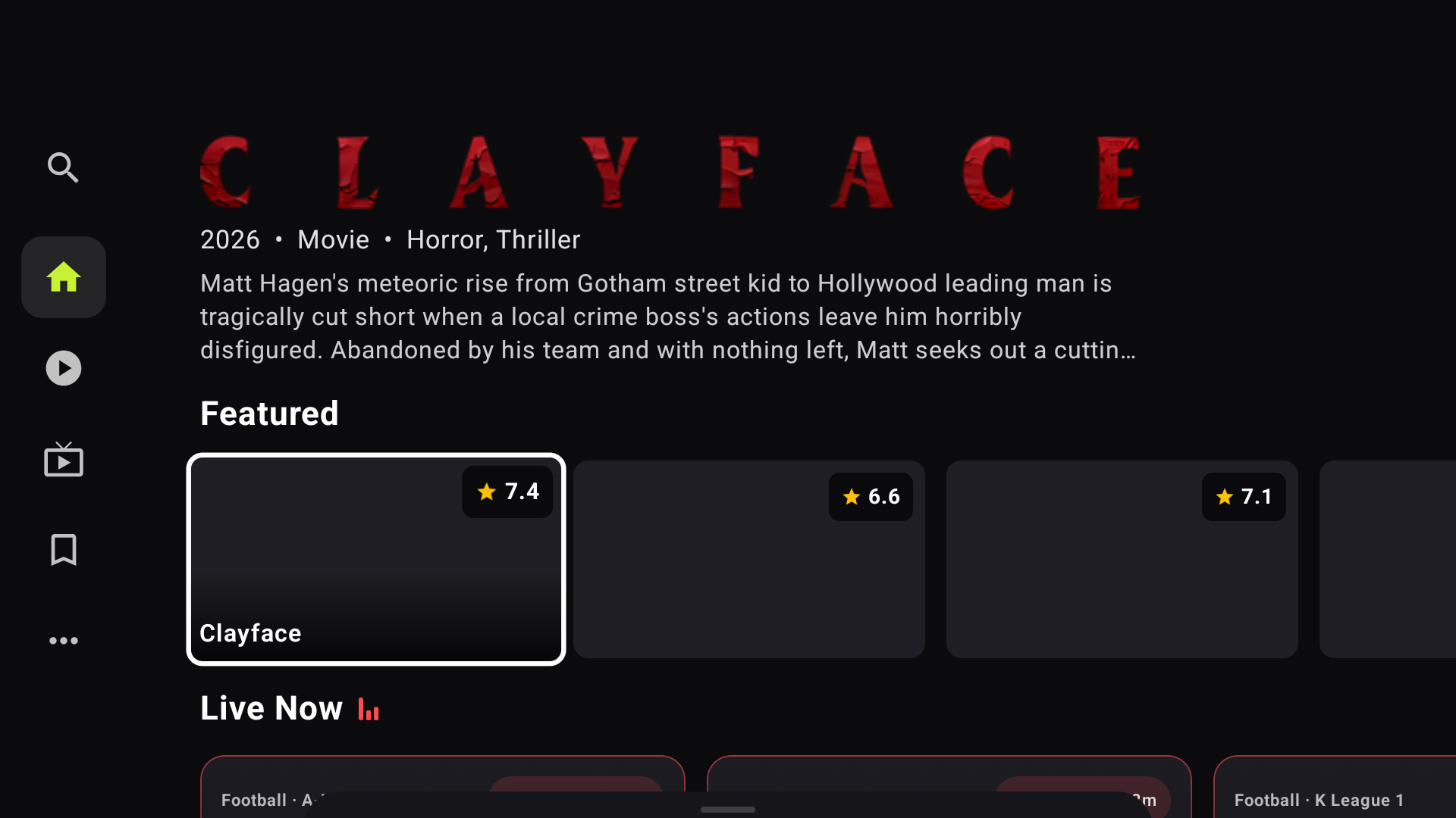 Qrstream TV home — Clayface hero with Live Now section